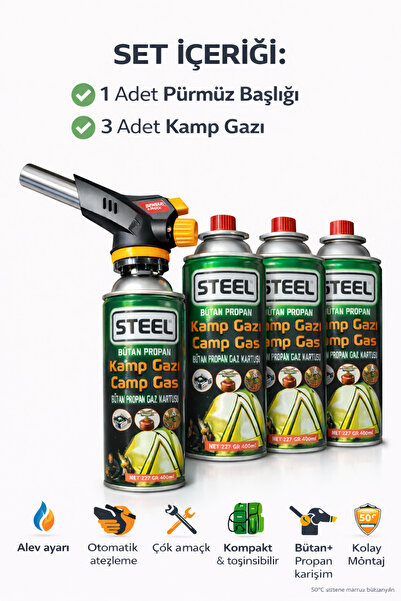 Janissary Pürmüz Başlığı + 3’lü Kamp Gazı Seti | Butan Propan Gaz Kartuşlu Çok Amaçlı Pürmüz