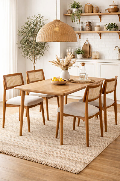 Lif Mobilya 4 Kişilik Hasır Sandalye Yemek Takımı MDF Masa Ahşap Ayak