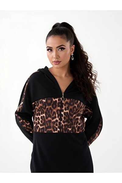 MODAFİX Leopar Desenli Siyah Fermuarlı Tunik