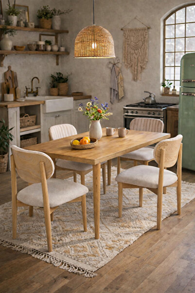 Lif Mobilya 4 Kişilik Özel desen Sandalye Yemek Takımı MDF Masa Ahşap Ayak