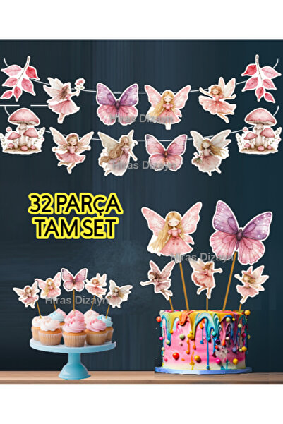 Hiras Dizayn 32prç Peri Kızı Kelebek Konusma Balonu Banner Pasta Süsü Cupcake...