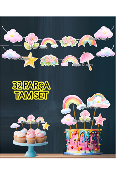 Hiras Dizayn 32Parça Gökkuşağı Bulut Yıldız Temalı Dev Doğum Günü Süsü Banner...