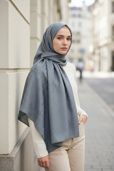 Gül İpek Moda Kadın İpeksi Jakar Dama Desenli Şık Şal Turkuaz Gök Mavi