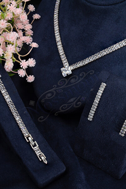 MOSSMOUR Zirkon Baget Taşlı Işıltılı Gümüş Rodyum Kaplama Kolye Küpe Bileklik...