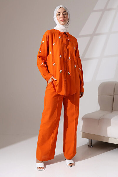 Mihran Butik 100% قطن كتان - طقم قميص وبنطلون كاجوال ومريح بنمط الأزهار