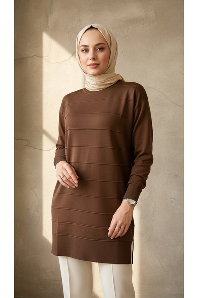 Hafel Tesettür Kadın Triko Soğuk İplik Tunik Enine Çizgili