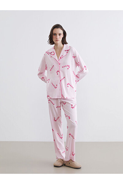 LC Waikiki Peak Yeni Sezon Gömlek Yaka Baskılı Kadın Pijama Takımı