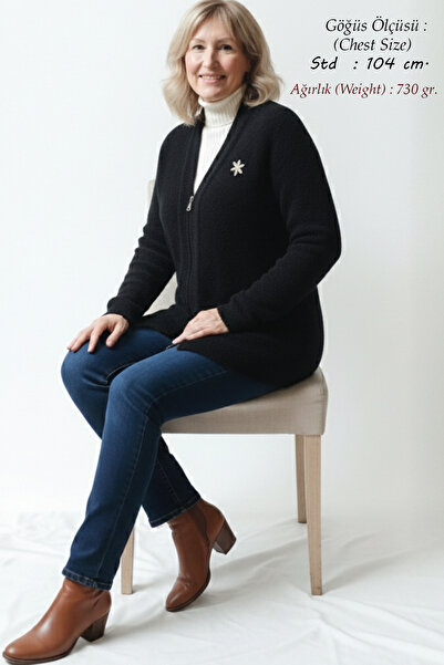 Laden Πλεκτά Γυναικεία Πλεκτά Μπουφάν Ανγκόρα με Μπρόσο Χοντρό Μαλακό Παλτό Χειμερινό Μαύρο Ζακέτα Mother