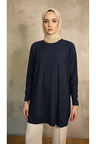 Hafel Tesettür Kadın Triko Soğuk İplik Tunik Boyuna Çizgili