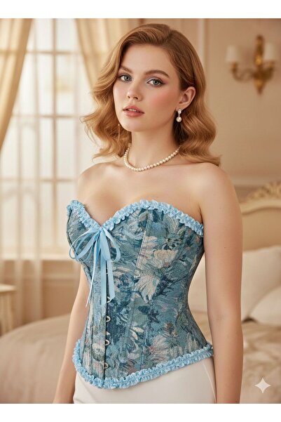 G&H UNDERWEAR Mavi Desenli Vintage Gotik Korse
