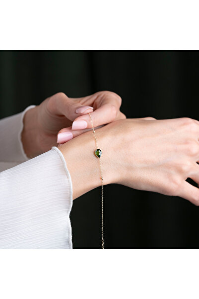 Goldstation 14 Ayar Altın Bileklik Damla Taşlı(ZÜMRÜT YEŞİL)