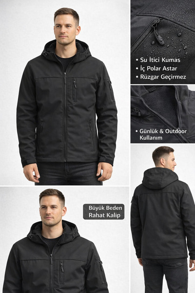 BELGER ERKEK BÜYÜK BEDEN BATTAL SOFTSHELL MONT KAPÜŞONLU İÇİ POLARLI (XL - 5XL )