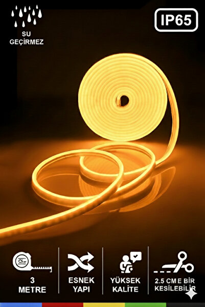 LED LEVEL 12 Volt 3 Metre Gün Işığı Amber Neon Şerit Led Esnek Silikonlu+adap...
