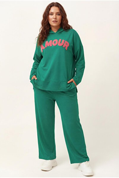 Ebsumu Σετ γυναικεία φόρμα με κουκούλα Amour Letter Green