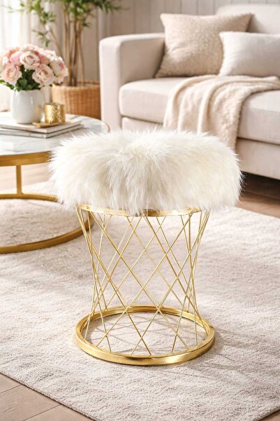 prototipX Pota Beyaz Döşemeli Puf Tabure | Beyaz Peluş | Modern & Minimal Tas...