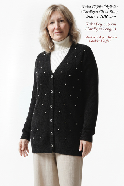 Laden Knitwear Women's Angora Stone Thick Soft Plus Size Jacket Winter Mother Black Cardigan