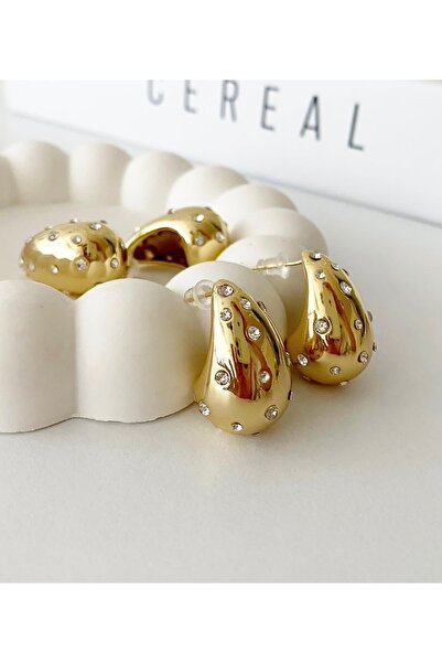 Xui Trend Marka Model Taşlı Gözyaşı Damla Küpe/Gold Bttega Göz Yaşı Küpe