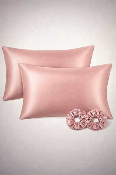DUSK İpek Saten 2 Adet 50x70 Yastık Kılıfı + 2 Adet Scrunchie toka Kıvırcık Saçlılar