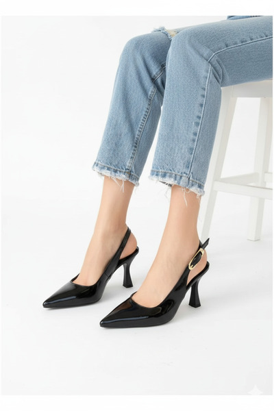 Divax Women's Pointed Toe Heeled Shoes - Black-Glossy Patent Leather