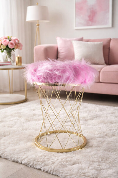 prototipX Pota Pembe Döşemeli Puf Tabure | Pembe Peluş | Modern & Minimal Tas...