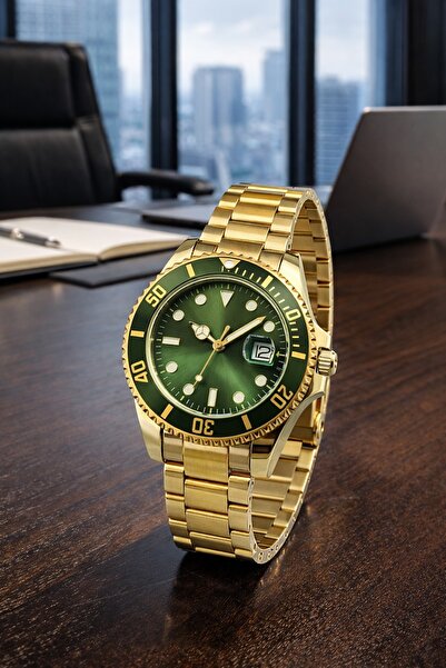 Nicevia Green Dial Gold Color Band Men Wristwatch