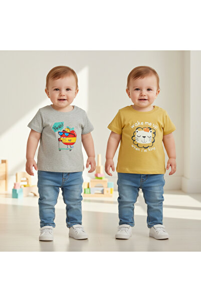 N@zence طقم تي شيرت للأطفال الذكور مكون من قطعتين - مزين بنقوش ملونة وممتعة