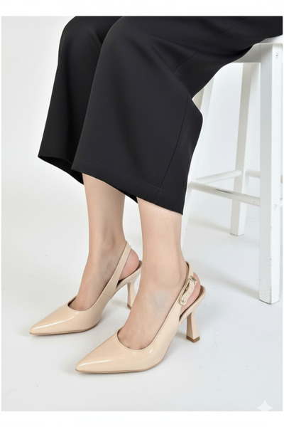 Divax Women's Pointed Toe Heeled Shoes - Beige - Shiny Patent Leather