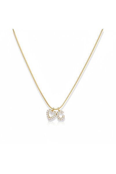 CAXBERN Çelik Zirkon Taşlı Kalp Altın Kaplama C Harf Kolye