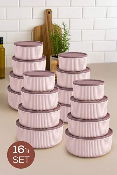 Vienev Set de 16 recipiente rotunde de depozitare, roz cu dungi |   2,5 1,5 0...