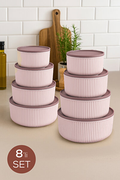 Vienev Set de 8 recipiente rotunde de depozitare cu dungi roz |   2,5 1,5 0,80 0,45 L |   Compatibil cu cuptorul cu microunde și cuptorul cu congelare