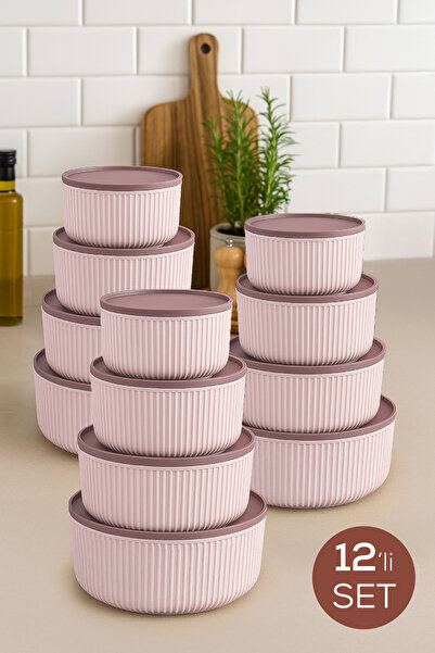 Vienev مجموعة من 12 حاوية تخزين دائرية مخططة باللون الوردي