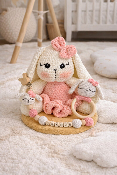 Homesinti 30cm amigurumi uyku arkadaşı,isim yazılabilen emzik zinciri ve çıng...