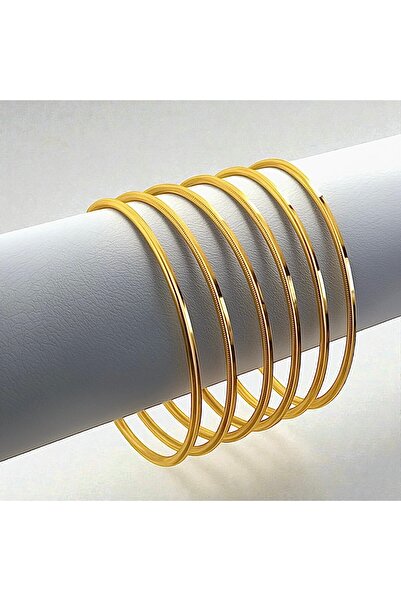 CAXBERN 22 Ayar Altın Kaplama Tırtıklı Ince Ajda Ray Parlak Sade Bilezik (5 Adet)