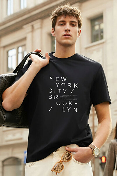 DK DAKSEL Μαύρο χρώμα Βασικό ανδρικό T-shirt με τύπωμα New York Dks4360