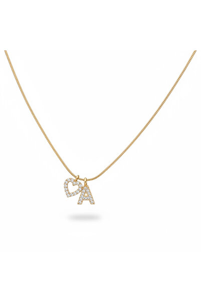 CAXBERN Çelik Zirkon Taşlı Kalp Altın Kaplama A Harf Kolye