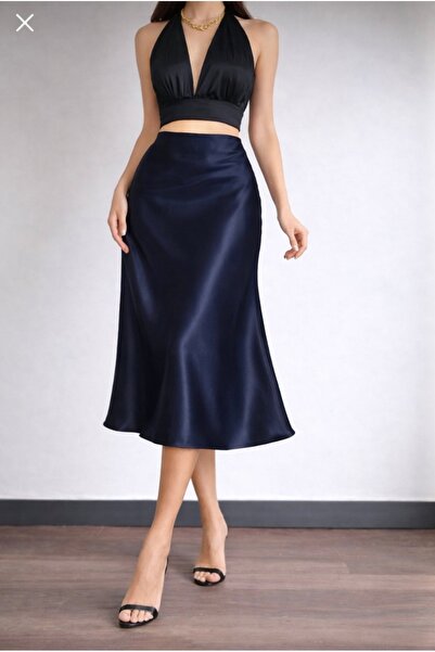 Kahra Collection Fusta elegantă din satin, lungime midi, albastru închis