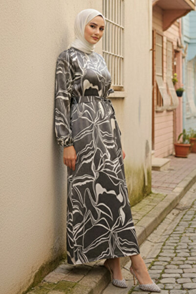 benguen 4037 Kuşaklı Desenli Elbise Siyah