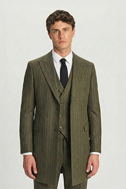 Sabri Özel Haki Regular Fit Çizgili Desenli Yelekli Kabanlı 4'lü Takım Elbise Seti