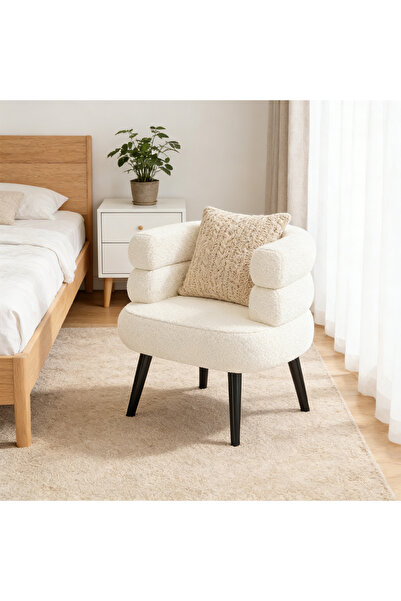 Pomefar كرسي أنيق بتصميم عصري من قماش البوكليه - كرسي ديكور عصري باللون البيج والأبيض