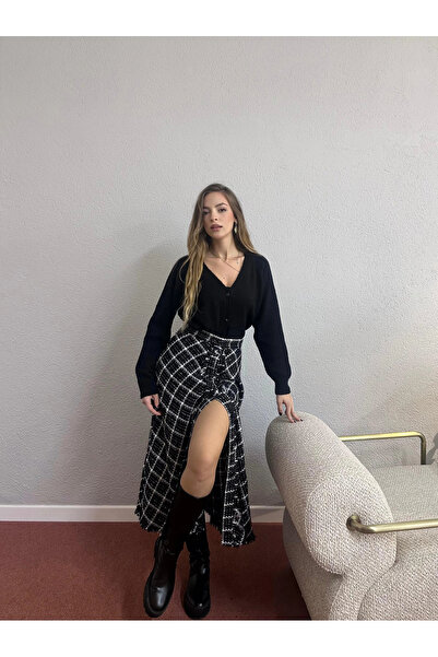 PROTO SUIT Ekoseli Düğmeli Tüvit Midi Etek