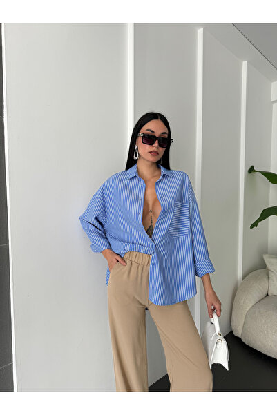 minaaise Cămașă de damă Cămașă oversize cu buzunare în dungi albastre albe 27135