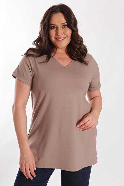 SERTUĞ Büyük Beden Kadın V Yakalı Yırtmaçlı Basic Vizon Bluz (T-Shirt)