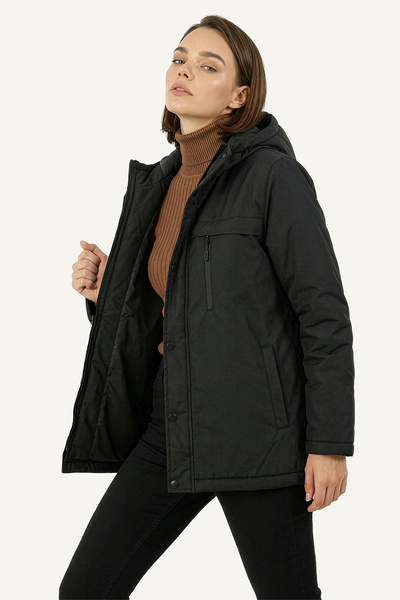 QAWWA Kadın Siyah Su ve Rüzgar Geçirmez Jel Elyaf İç Astarlı Cepli Kapüşonlu Parka Kaban Mont