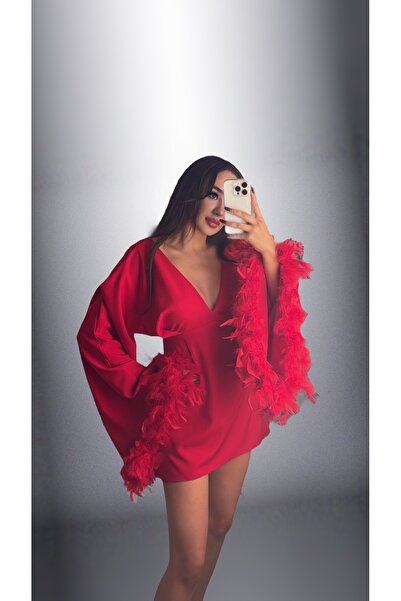 Suvee Collection Geniş Kollu Tüylü Mini Elbise