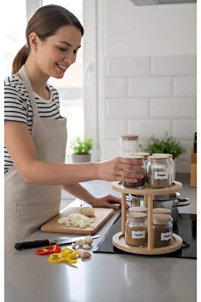 ÖZ HOME وعاء تخزين توابل زجاجي مع غطاء من الخيزران وقاعدة دوارة، 10 قطع