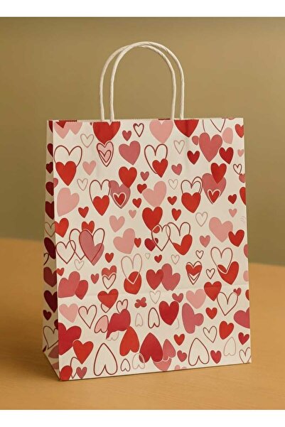 Aivor Kalp Desenli Kraft Çanta (25 adet) 22x10x28 cm Karton Kağıt Poşet Çanta