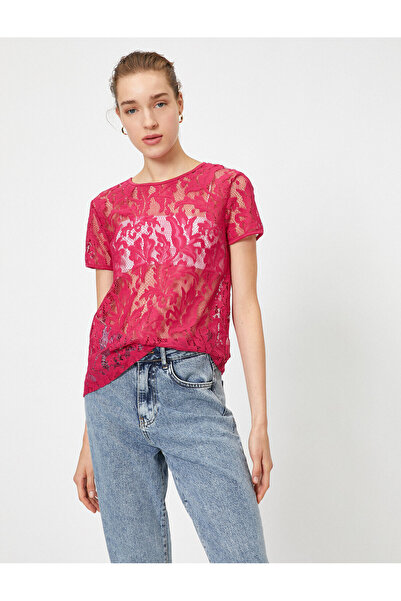 Koton Crew Neck Short Sleeve Lace Detailed T-Shirt