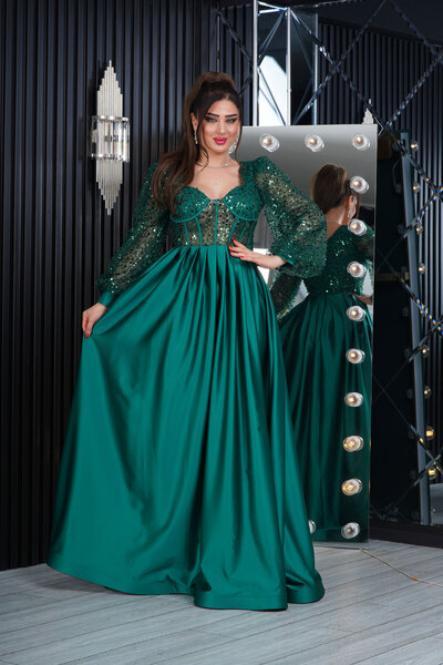 Matik Abiyem Perle Tulle Paiete Satin Design Piept Decoltat Rochie Lungă Roch...