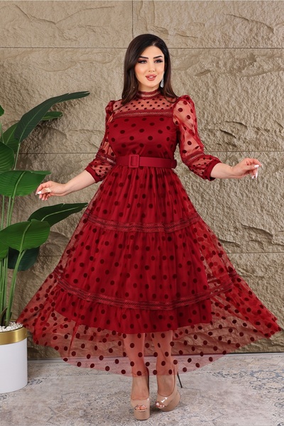 Matik Abiyem Puantiyeli Tül Kemerli Tasarım Elbise