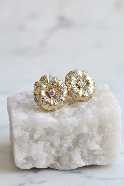 XUPING JEWELRY Xuping 14K Altın Renginde Zirkon Taşlı Çiçek Vidalı Kadın Küpe
